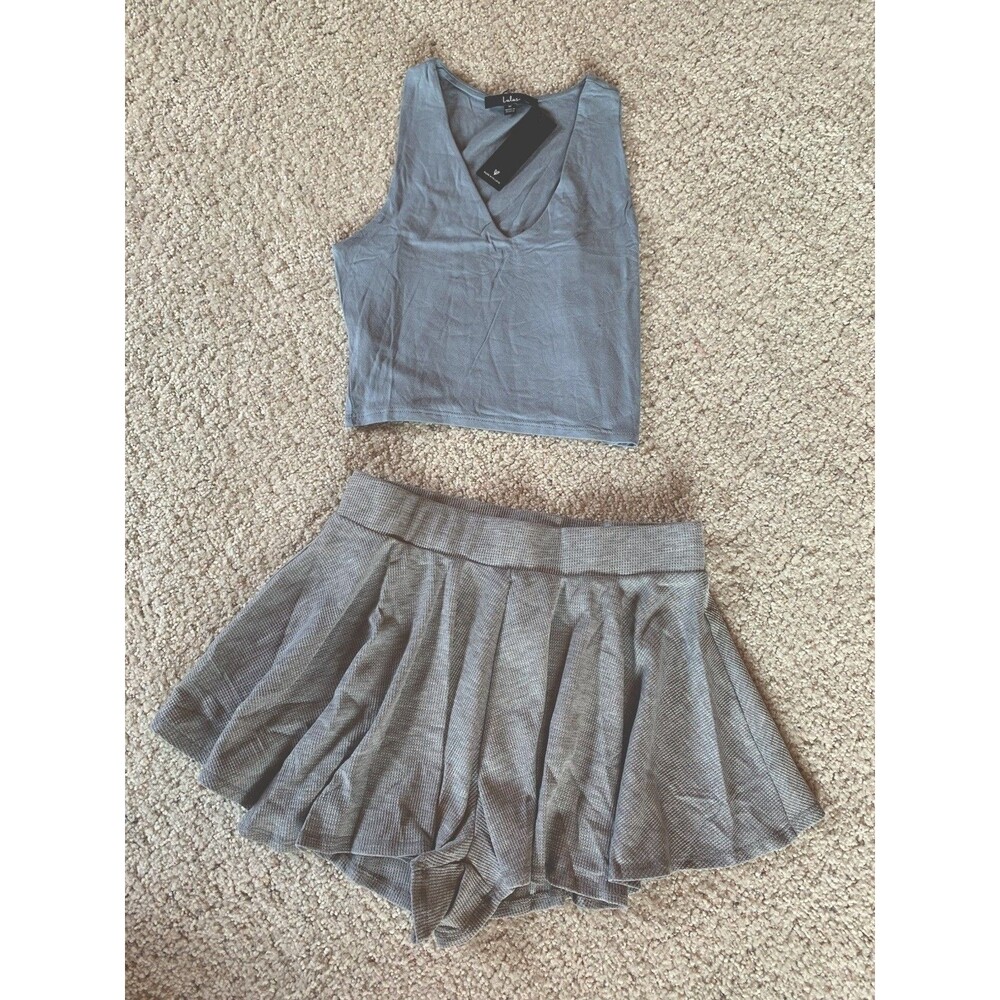 Lulus Gray Waffle Knit Shorts & Cropped Blue Tank Top Set Medium New
